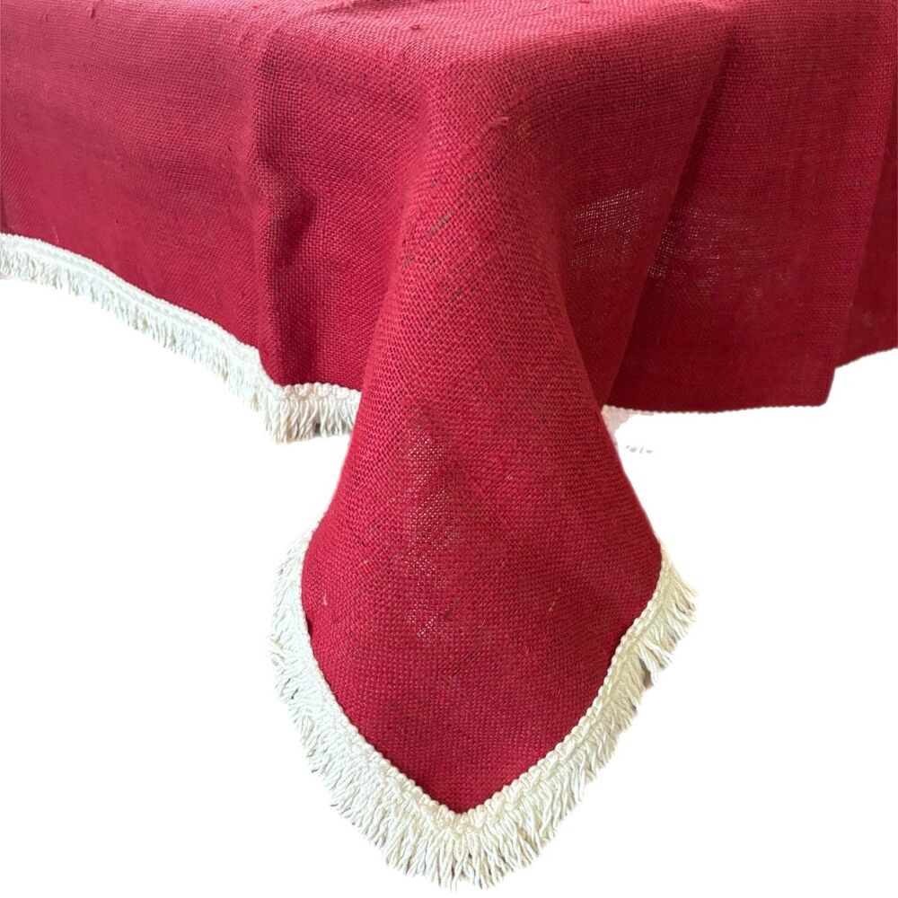 Rustic Red Burlap Holiday Tablecloth Fringed Christmas Vintage Cabincore Lodge